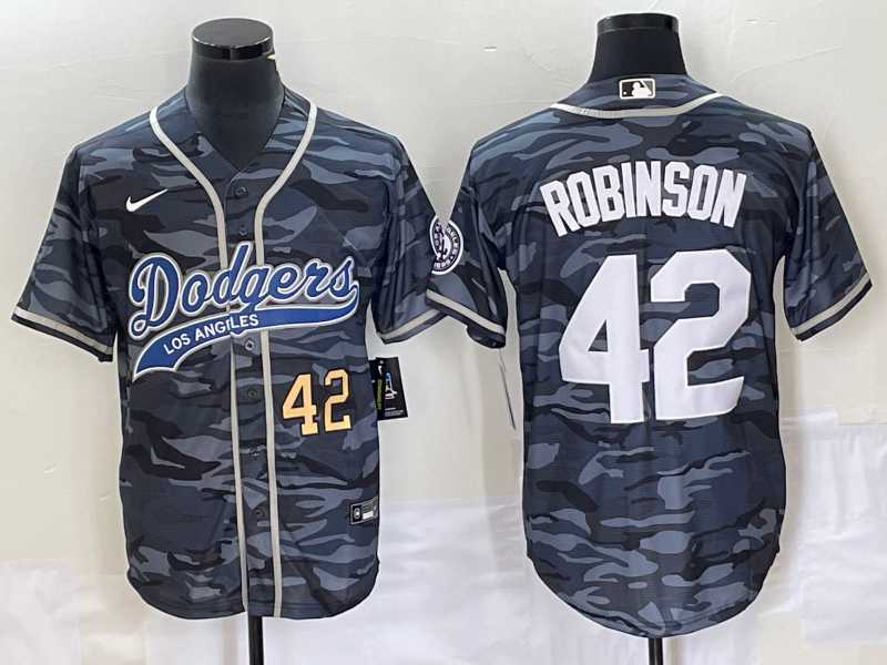 Men%27s Los Angeles Dodgers #42 Jackie Robinson Number Grey Camo Cool Base With Patch Stitched Baseball Jersey->los angeles dodgers->MLB Jersey